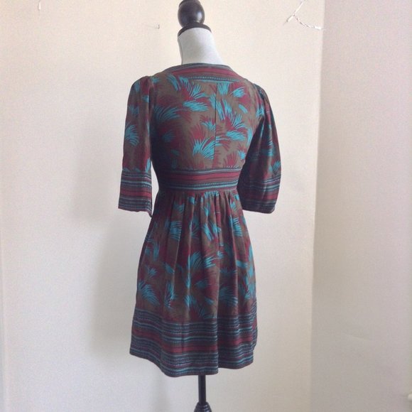 BETSEY JOHNSON V-NECK EMPIRE WAIST PRINT GREEN SHORT MINI DRESS 3/4 LONG SLEEVE - Picture 4 of 11